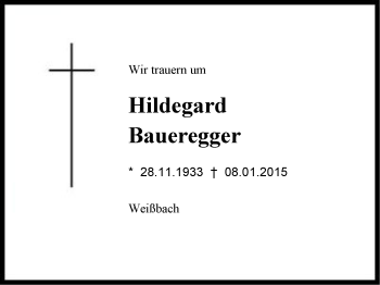 Traueranzeige von Hildegard Baueregger von Region Berchtesgadener Land